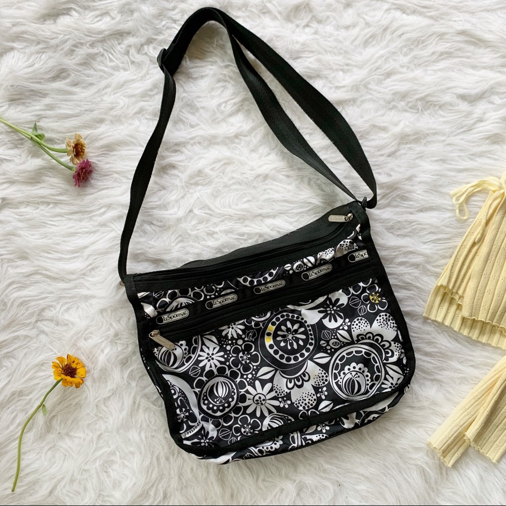 LeSportsac White/Black/Yellow Floral Shoulder Bag